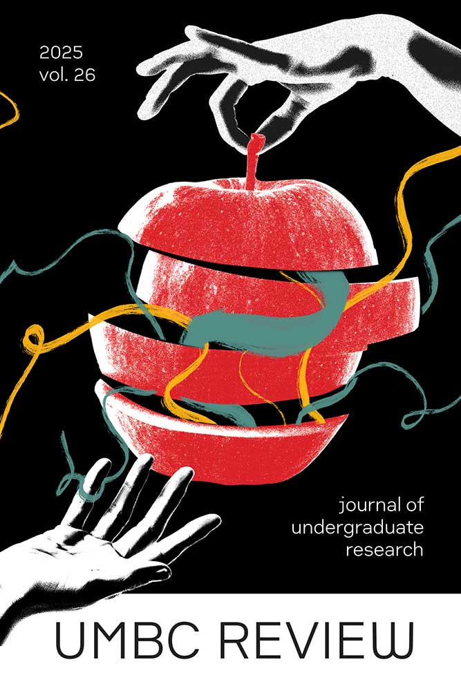 The cover for the UMBC Review depicts a red apple being peeled with two hands, one above and one below the apple